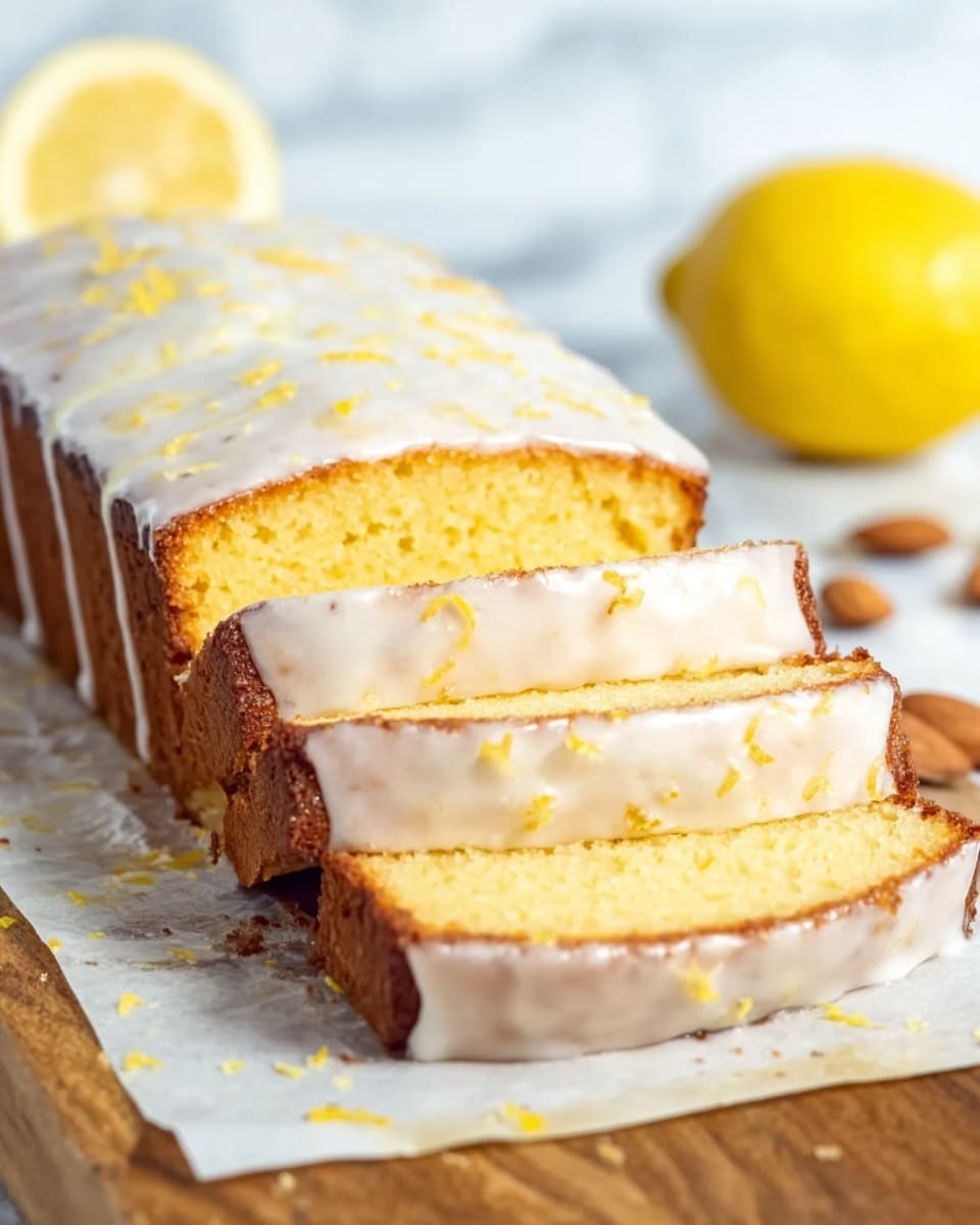 A loaf cake with a light golden yellow inside and a darker brown crust is shown sliced. The cake has a thick white icing glazed on top and dripped slightly down the sides. Two slices lie flat in the front, layered one on top of the other, with the moist texture visible. The cake loaf sits on white parchment paper over a wooden cutting board. Around the cake and board are scattered whole almonds and slices of a bright yellow lemon. The surface is a white marbled texture. Photo taken with an iphone --ar 4:5 --v 7