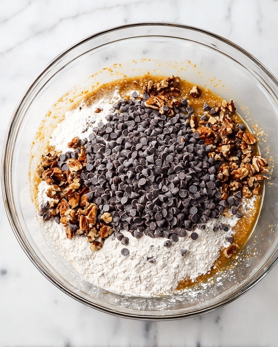 A clear glass bowl sits on a white marbled surface, filled with several layers of ingredients. The bottom layer is a golden brown wet mixture, partially visible around the edges. On top of this is a thick layer of white flour scattered unevenly. Mixed into the flour are medium-sized, dark brown nut pieces. The topmost layer is a large pile of small, dark gray chocolate chips, covering most of the ingredients beneath. The bowl and its contents are shown from above in bright light, with some flour dust around the inside rim of the bowl. Photo taken with an iphone --ar 4:5 --v 7