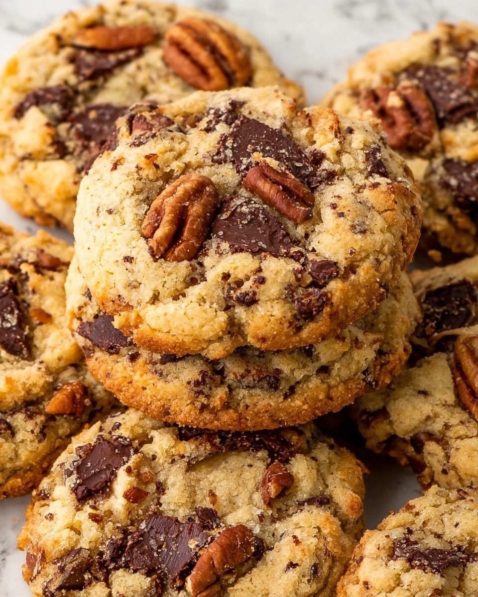 A close-up image shows a stack of three thick cookies on a white marbled surface, with three layers visible; the cookies are golden brown with a rough texture, studded with dark chocolate chips and pieces of pecans that add a rich texture and reddish-brown color. One cookie leans against the stack, showing its round shape and detailed nut and chocolate distribution. Scattered around the base are extra pecans and chocolate chips. In the blurred background, there is a clear glass filled with white milk and a white plate holding more cookies, all set on a white marbled surface. photo taken with an iphone --ar 4:5 --v 7