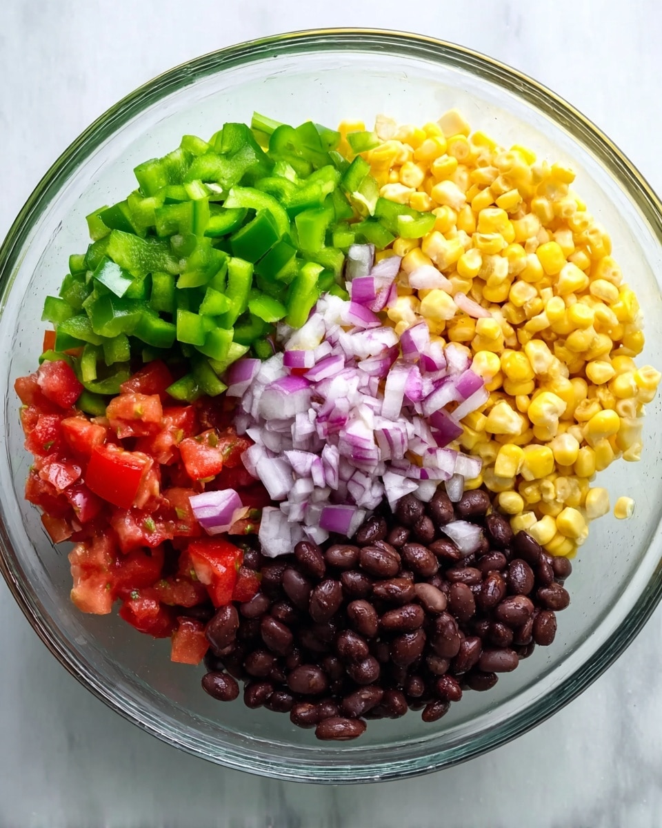 A clear glass bowl holds five separate layers of fresh ingredients arranged side by side. Starting from the top right is a layer of yellow corn kernels with a soft, rounded texture. Next to it on the top left is a pile of chopped green bell peppers, showing different shades of green with a slightly glossy surface. Below the green peppers is a small portion of bright red diced tomatoes, looking juicy and fresh. In the center above the tomatoes is a layer of finely chopped red onions with light purple and white pieces. The bottom right part of the bowl contains dark brown, shiny black beans. The bowl sits on a white marbled surface. photo taken with an iphone --ar 4:5 --v 7