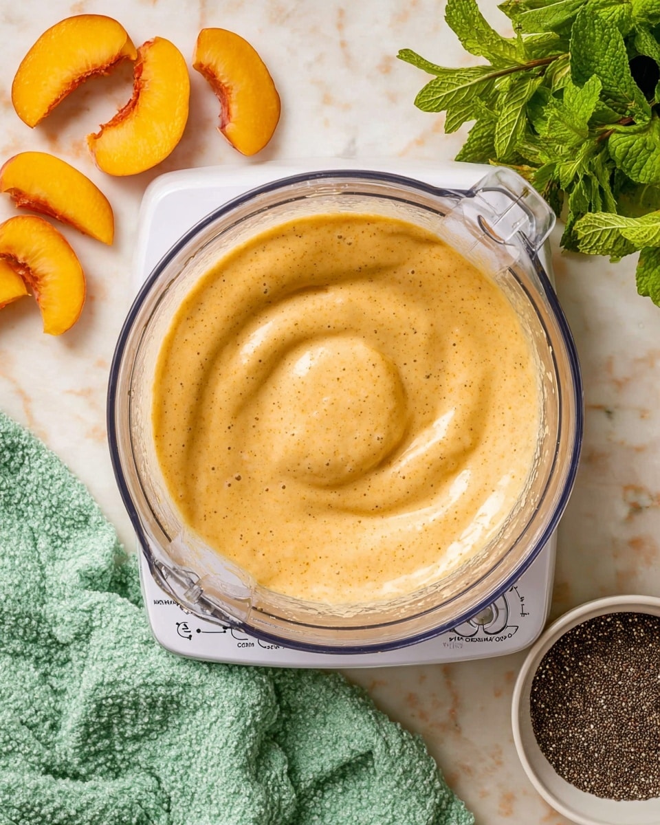 A clear blender bowl filled with a smooth, creamy, light orange mixture swirling down in the center, placed on a white base with visible buttons for grind, whisk, blend, and stir. Around the blender are peach slices arranged at the top left, a sprig of fresh green mint on the top right, and a white bowl filled with small dark seeds (likely chia seeds) at the bottom right. A soft green textured cloth lies draped at the bottom left, and the whole scene is set on a white marbled surface. photo taken with an iphone --ar 4:5 --v 7