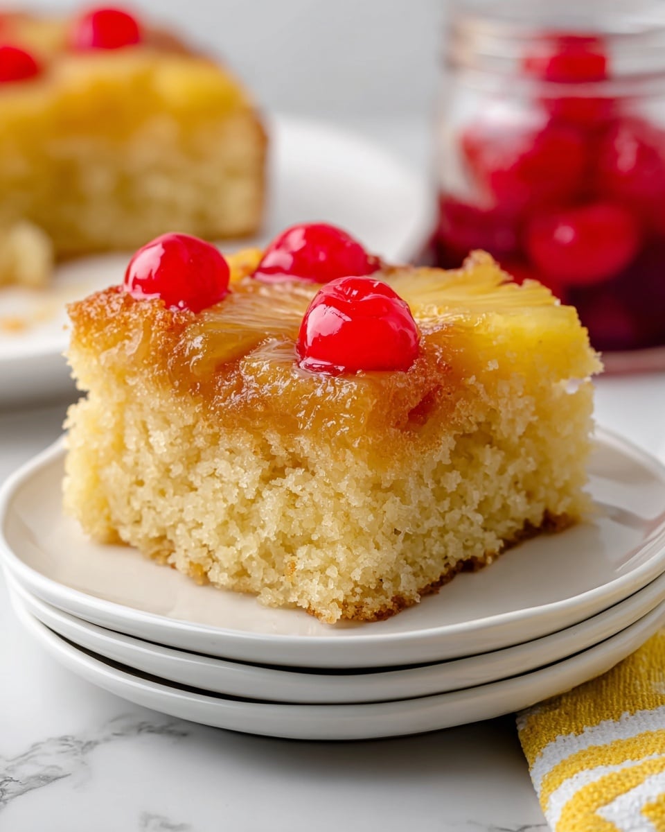 A single square piece of pineapple upside-down cake sits in the center of two stacked white plates. The cake has two main layers: the bottom layer is light yellow with a soft, fluffy texture, and the top layer is a caramelized golden brown pineapple slice adorned with three bright red maraschino cherries at the corners. The cake appears moist with a slightly crunchy top edge. In the background, there is a blurred jar of cherries and some cherries placed on the white marbled surface. A corner of a yellow and white cloth is visible to the right. photo taken with an iphone --ar 4:5 --v 7
