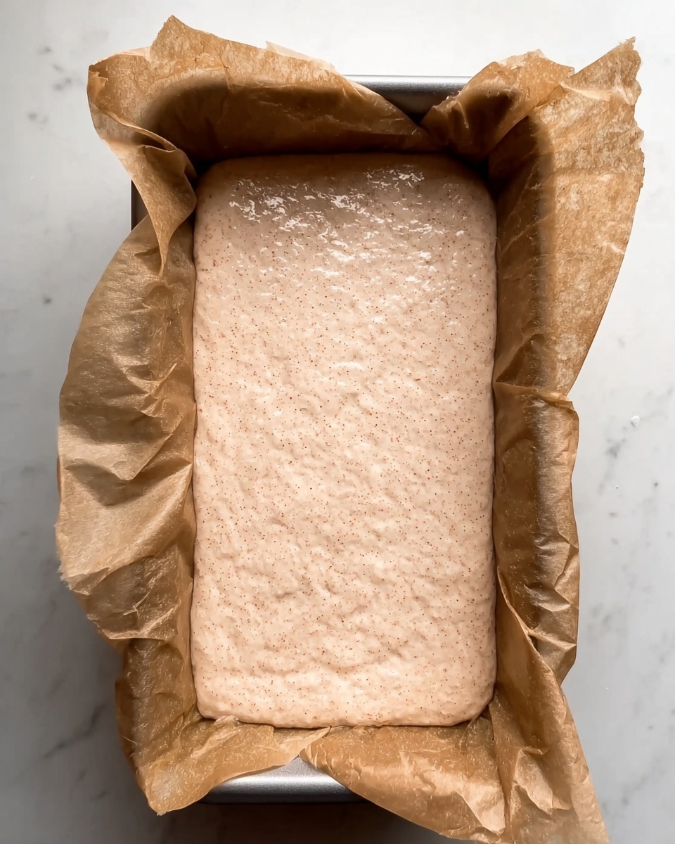 The image shows a rectangular baking pan lined with crumpled light brown parchment paper, filled with a smooth, pale pink batter with tiny darker specks evenly mixed throughout, creating a slightly grainy texture on the surface; the batter is evenly spread to fill the pan completely, and the pan is placed on a white marbled surface. photo taken with an iphone --ar 4:5 --v 7