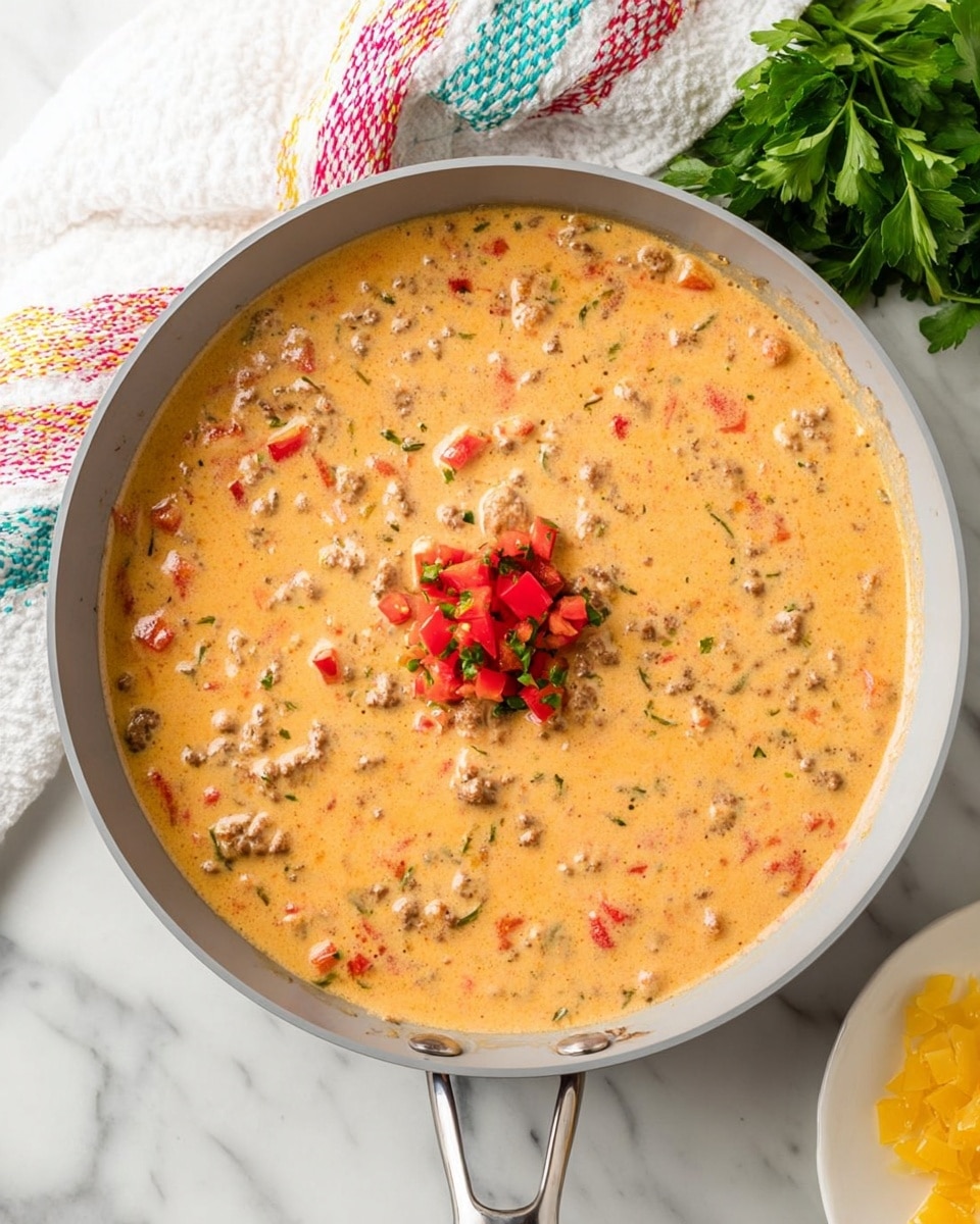 A light gray pan filled with creamy orange cheese sauce mixed with small chunks of browned meat and tiny bits of red and green peppers evenly spread throughout the sauce, with a small pile of finely chopped red and green peppers placed in the center of the sauce. The pan handle extends from the bottom center and rests on a white marbled surface. To the upper left, part of a white towel with multicolored stitched lines is visible, and fresh green parsley leaves peek from the upper right. A white plate with some yellow diced items is partially visible at the lower right corner photo taken with an iphone --ar 4:5 --v 7