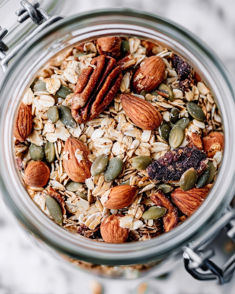 A close-up view of a glass jar filled with a mixture of granola showing multiple layers of texture and color. At the bottom layer, there are thin, light beige rolled oats and small toasted flakes mixed evenly. Scattered throughout are large dark brown pecans and medium brown almonds with a rough surface. Interspersed green pumpkin seeds add a touch of dark green color and a smooth texture. The jar is today open, placed on a white marbled surface, with the focus on the textural differences of the ingredients inside, giving a fresh and natural feel photo taken with an iphone --ar 4:5 --v 7