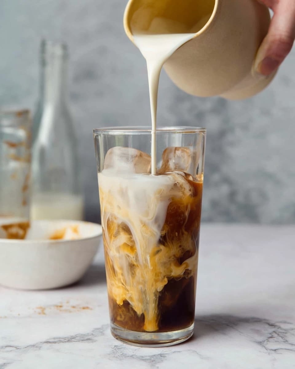 A tall clear glass filled with ice cubes shows layers of dark brown coffee at the bottom, swirling light brown coffee mixing in the middle, and creamy white milk being poured from a beige jug, creating soft white foam on top. The glass is on a white marbled surface with a blurred background showing a small white bowl with coffee residue and a glass bottle. A woman's hand holds the jug, pouring milk carefully into the glass. photo taken with an iphone --ar 4:5 --v 7