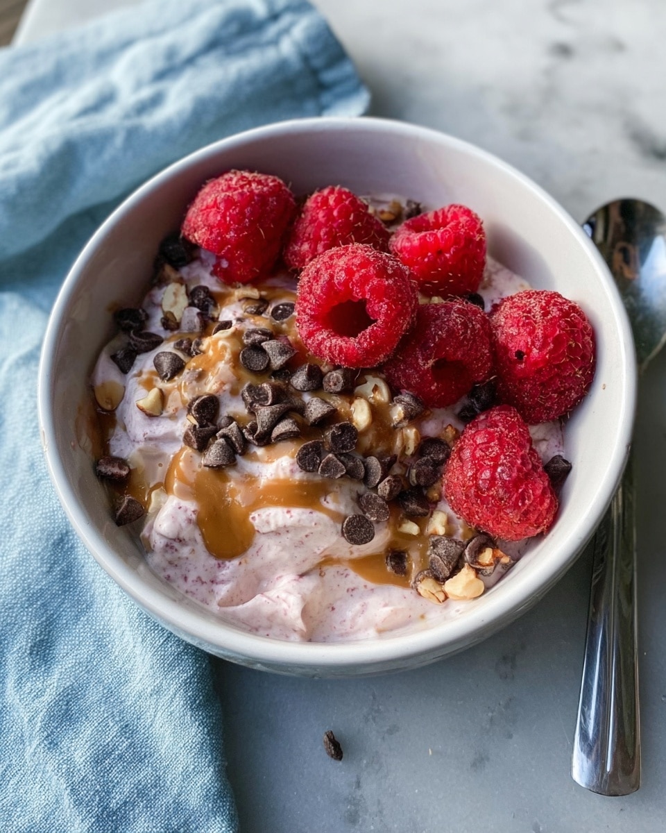 A white bowl holds a creamy light pink yogurt as the base layer, topped with glossy red raspberries on one side. Scattered on top are small dark chocolate chips and light brown nut pieces, with a drizzle of smooth caramel sauce adding a shiny golden touch over the yogurt. The bowl is placed on a white marbled surface, with a soft blue cloth next to it and a spoon partially visible on the right side. photo taken with an iphone --ar 4:5 --v 7