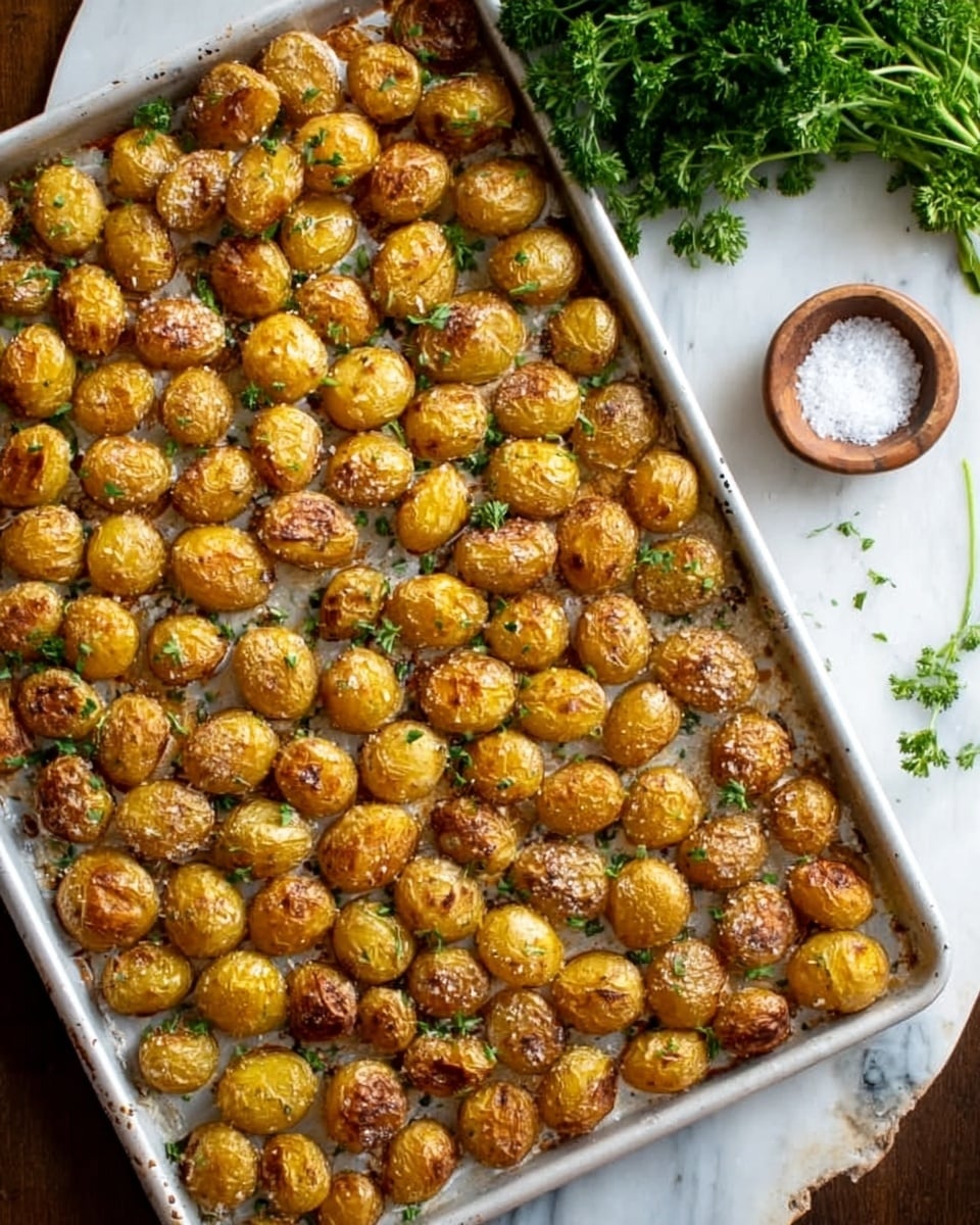 The image shows a large white baking tray filled with small golden-brown roasted potatoes, each one slightly crispy on the outside. The potatoes are spread evenly in rows, with a sprinkle of green herbs and coarse salt scattered over the top. Above and to the right of the tray, there is a small white bowl filled with coarse salt, and a bunch of fresh green parsley lies nearby on a white marbled surface. The whole scene looks warm and inviting, with soft natural light highlighting the texture of the food. Photo taken with an iphone --ar 4:5 --v 7