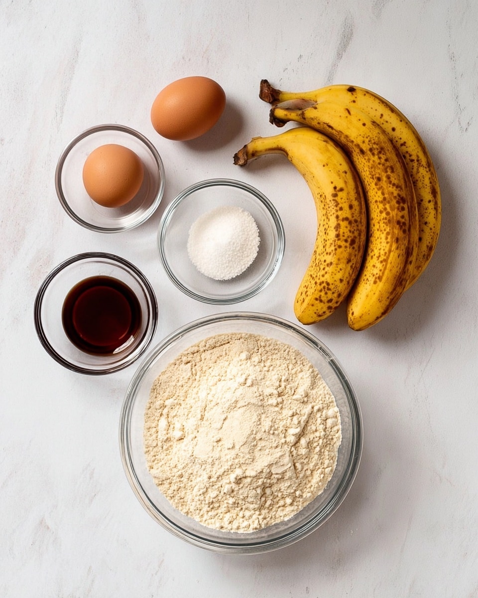 The image shows a white marbled surface with baking ingredients neatly arranged. At the bottom center, there is a clear glass bowl full of light beige flour. Above it to the right, two ripe bananas with brown spots lie side by side, their yellow skins showing natural texture. To the left of the bananas, there are two brown eggs sitting directly on the surface. Near the bananas and eggs are three small clear glass bowls: one contains a dark brown liquid, another has a light brown powder mixed with white powder, and the third holds white granulated sugar. The setup is clean and bright, with all items spaced evenly. photo taken with an iphone --ar 4:5 --v 7
