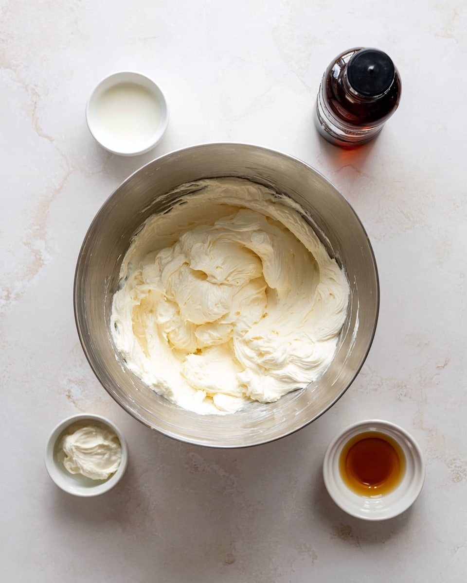 The image shows a silver mixing bowl filled with thick, creamy white frosting that has a smooth and slightly fluffy texture, resting on a white marbled surface. Around the bowl, there are three small white bowls with different ingredients: one with a small amount of milk (white liquid), one with a small amount of yogurt or sour cream (white and creamy), and one with a golden brown vanilla extract liquid. To the right of the bowl, there is a dark brown vanilla extract bottle standing upright. The overall scene is bright and clean, highlighting the creamy mixture in the center. photo taken with an iphone --ar 4:5 --v 7