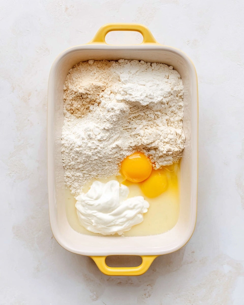 A white rectangular baking dish with yellow handles on a white marbled surface holds several baking ingredients before mixing; the top left is filled with a light beige powdery flour, the bottom left has a slightly darker flour, the center bottom shows a dollop of white thick yogurt or cream, and to its right is a bright yellow egg yolk surrounded by a bit of clear egg white, with some liquid milk/cream at the bottom right corner; the ingredients are dry and wet layered distinctly, ready for mixing photo taken with an iphone --ar 4:5 --v 7