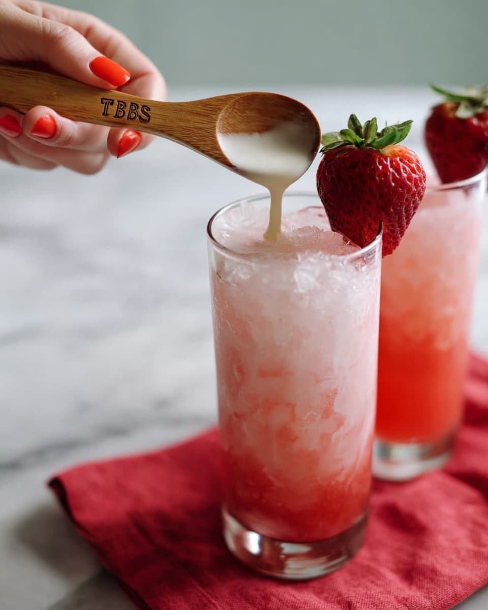 The image shows two tall clear glasses filled with a pink icy drink on a red cloth. The glass in front is topped with a whole bright red strawberry with green leaves on the rim. A wooden spoon marked