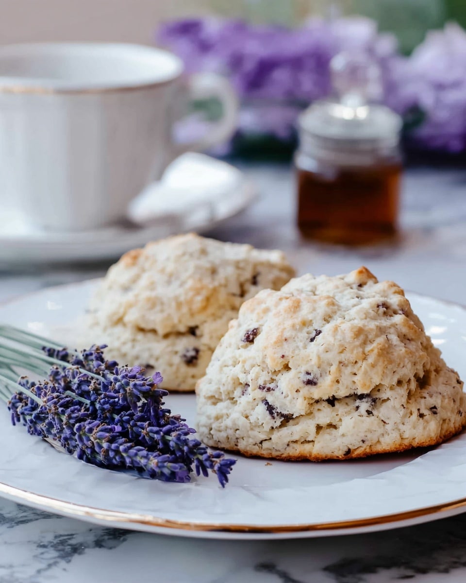Two triangle-shaped scones with a light golden color and specks of lavender on top sit side by side on a white plate with a subtle gold rim. The scones have a slightly rough texture with sugar crystals sparkling on the surface. Near the top of the plate are two sprigs of fresh lavender with dark purple flowers. The plate rests on a white marbled surface, with a white cup and saucer and a glass jar partially visible in the background. Photo taken with an iphone --ar 4:5 --v 7