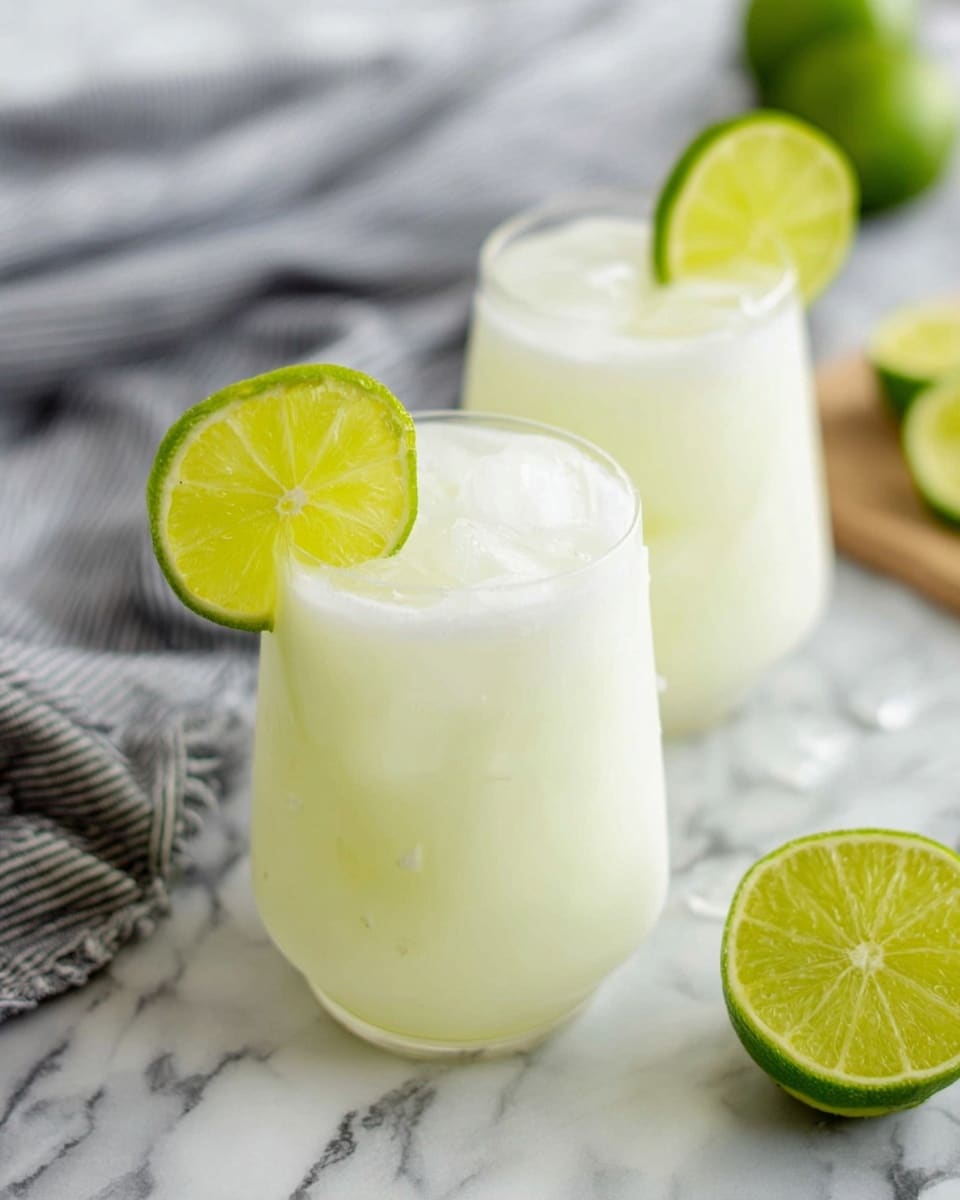 Two glasses filled with pale yellow-green creamy drinks with ice cubes inside are placed on a white marbled surface. Each glass has a layer of frothy foam on top and a bright green lime slice is placed on the rim of each glass. A few lime slices are scattered around on the surface. In the background, a gray and white striped cloth is casually draped. The setting has a soft, natural light and a clean white tiled wall behind, making the drinks look fresh and inviting. photo taken with an iphone --ar 4:5 --v 7