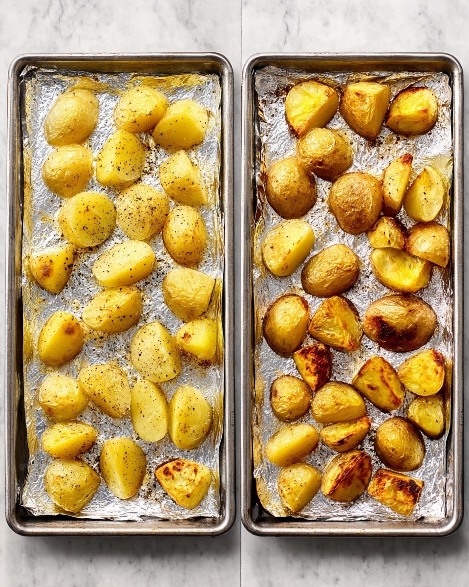 Two side-by-side baking trays lined with shiny foil show golden potato pieces cut into halves or quarters. The left tray holds raw potato pieces sprinkled with black pepper and salt, their smooth yellow skin and pale yellow inside visible. The right tray displays the same potatoes after roasting, with a crispy browned skin and vibrant golden-yellow flesh, some pieces showing darker caramelized spots. The potato pieces rest spaced apart on the foil, on a white marbled surface. photo taken with an iphone --ar 4:5 --v 7