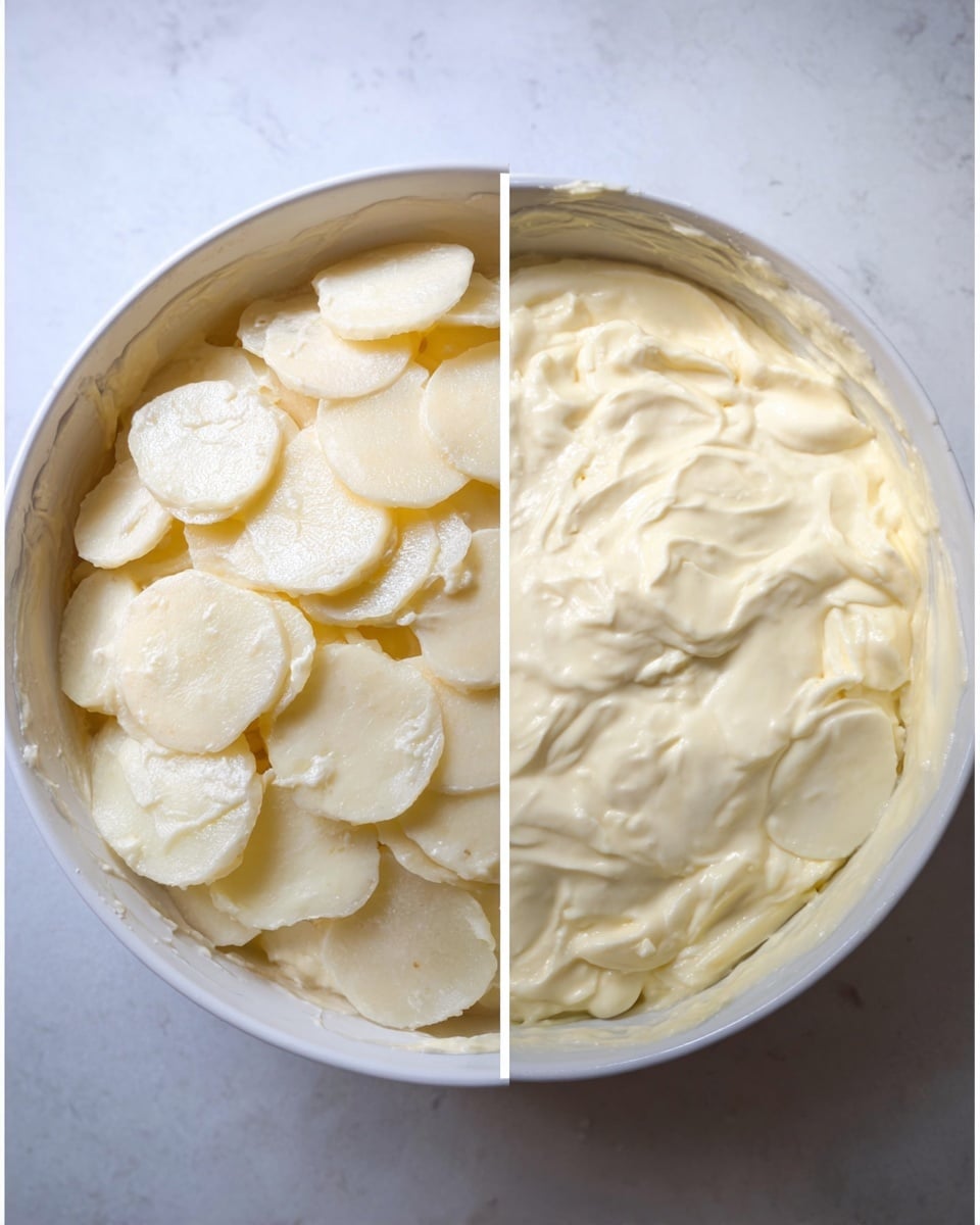 The image shows a white bowl with two stages of a creamy potato dish in a white marbled background. On the left, there is a layer of thin, pale white round potato slices stacked unevenly on a thick, smooth light yellow sauce. On the right, the potato slices are almost fully mixed into the sauce, creating a creamy texture where the potato pieces are coated and blended with the thick creamy sauce, making the surface look soft and rich with a few visible potato edges. photo taken with an iphone --ar 4:5 --v 7