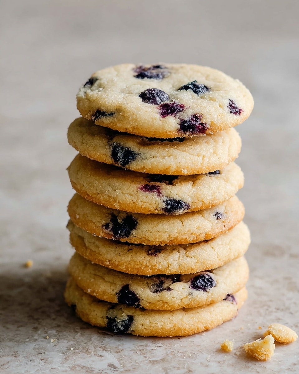 A stack of eight round cookies stands on a white marbled surface. Each cookie is light golden brown with a slightly crispy edge and soft texture in the middle. Dark spots of berries or chocolate chips are scattered unevenly throughout the cookies, adding dark purple and black colors. The cookies are stacked neatly but slightly uneven, creating a natural, homemade look. A few small crumbs lie scattered around the base of the stack. Photo taken with an iphone --ar 4:5 --v 7