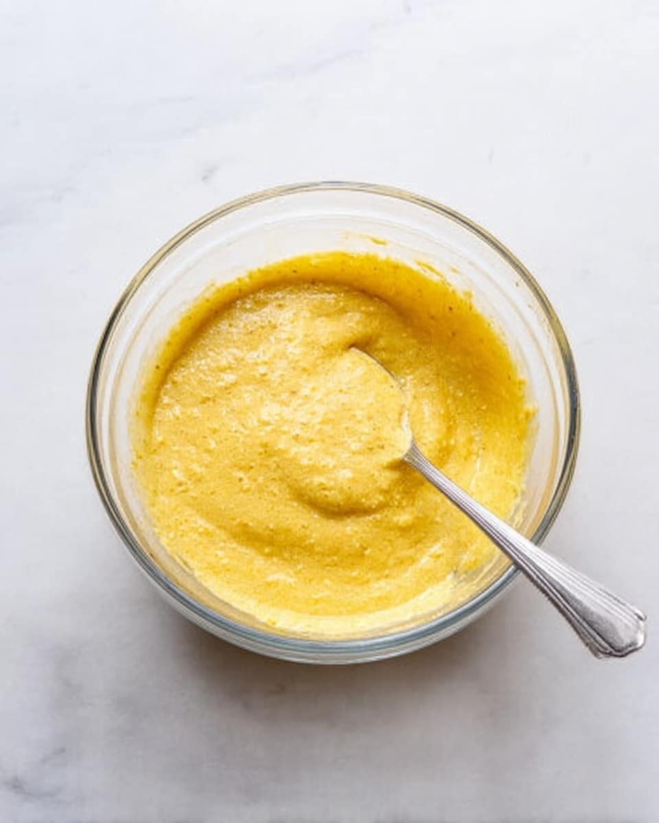 A clear glass bowl filled with a thick, yellow batter with a slightly grainy texture is placed on a white marbled surface. A silver spoon rests in the bowl, partially submerged in the batter with some batter clinging slightly to the spoon. The batter fills about three-quarters of the bowl, showing a smooth but uneven surface where it has been stirred. The lighting is bright and natural, creating soft shadows around the bowl. Photo taken with an iphone --ar 4:5 --v 7