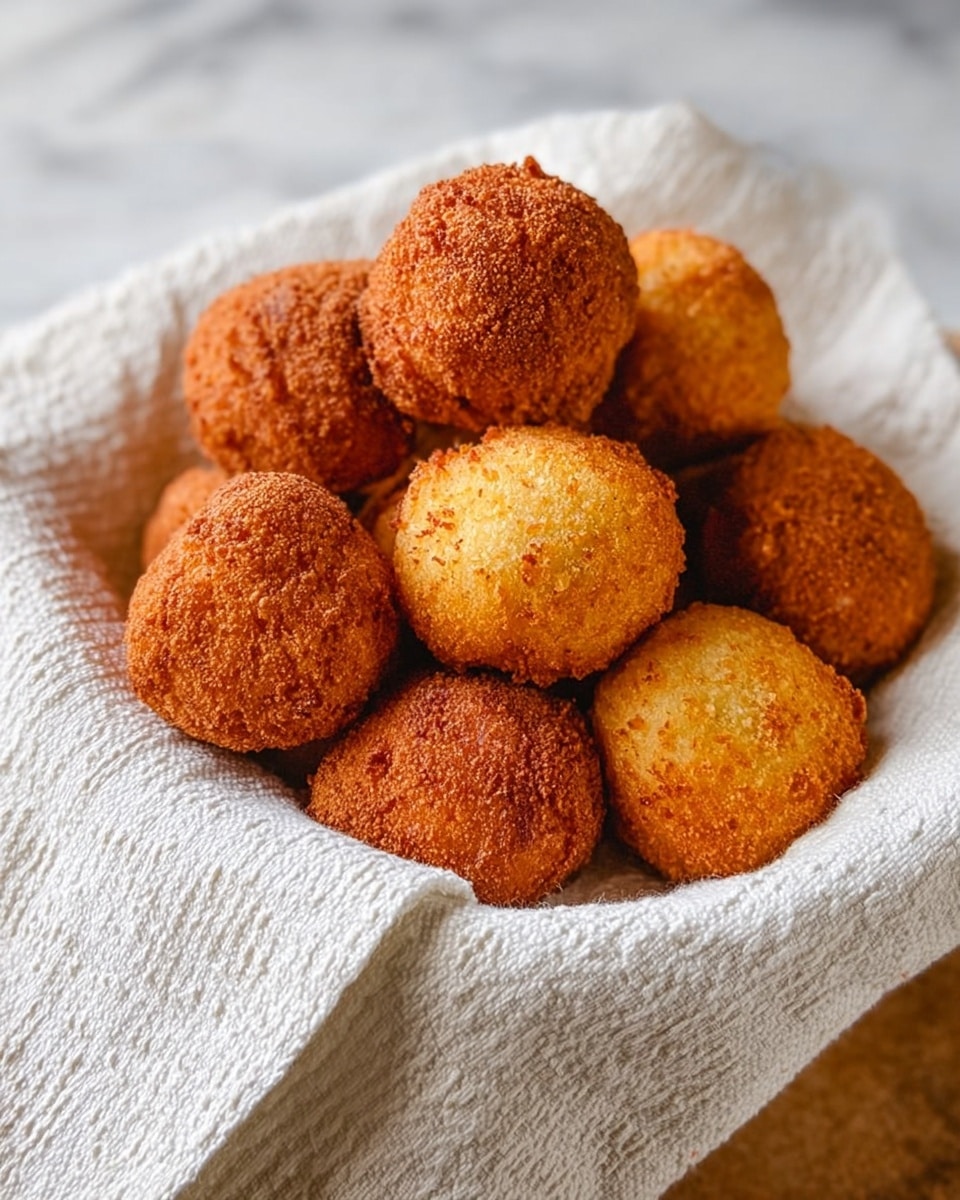 A white basket lined with a white textured cloth holds about fifteen round, golden-brown fried balls with a crispy and slightly rough surface. The balls are piled loosely in the basket, showing different shades of golden hues from light yellow to deeper brown, with a crunchy texture. The background is a white marbled surface. photo taken with an iphone --ar 4:5 --v 7