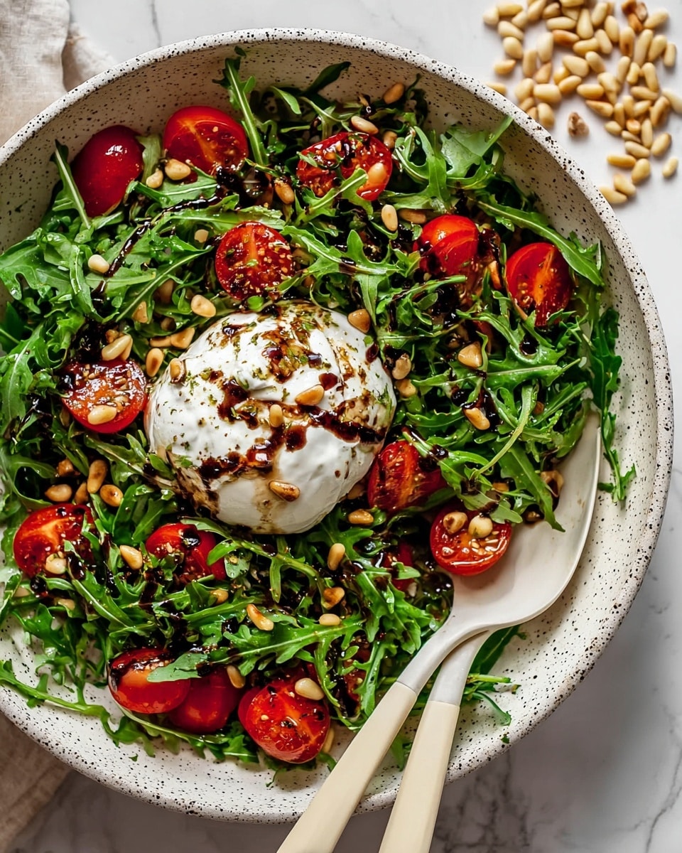 A large white bowl with dark speckles holds a fresh salad made of bright green arugula leaves, halved red cherry tomatoes scattered evenly, and light tan pine nuts sprinkled on top. In the center, there is a creamy ball of white soft cheese, drizzled with a dark balsamic glaze, with some pine nuts on it and a little black pepper. A white and beige salad spoon and fork rest inside the bowl on the right side. The bowl is placed on a white marbled surface with some extra pine nuts near the top right corner. Photo taken with an iphone --ar 4:5 --v 7