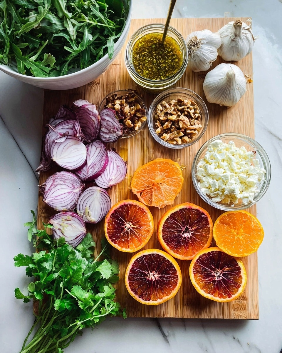A wooden board on a white marbled surface holds several fresh ingredients for a salad. On the left side, there are thin slices of purple onion and beside them are two halves of a blood orange showing deep red and orange colors. Next to these halves, there are many blood orange wedges with bright red and orange flesh. Above the orange pieces, a small glass bowl holds chopped nuts, and next to it is another small bowl filled with white crumbled cheese. A glass jar with golden-yellow dressing with green herbs inside is placed near the center, while on the top left, a white bowl filled with fresh green arugula leaves sits partially visible. To the right of the jar, a bunch of fresh green cilantro is placed on the board. In the upper corner on the right, two heads of garlic rest on the white marbled background. The colors and textures contrast clearly, creating a fresh and colorful scene. Photo taken with an iphone --ar 4:5 --v 7