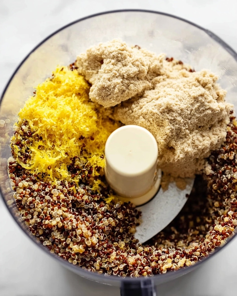 In a clear food processor bowl, there are three distinct layers of ingredients. The bottom layer is a mix of cooked red and white quinoa, showing a grainy texture with tiny round shapes in dark red, brown, and white colors. On top of the quinoa, there is a bright yellow layer of finely grated lemon zest, adding a fluffy, light texture. The top layer consists of two large clumps of light beige powder, placed near the center of the bowl. The food processor blade is slightly visible underneath the ingredients. The background and surface below are white marbled texture. Photo taken with an iphone --ar 4:5 --v 7