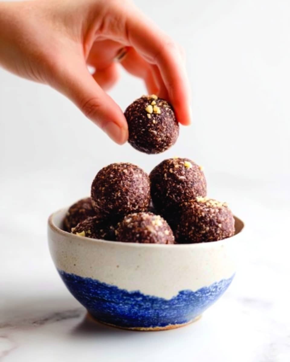 A white bowl with blue paint on the side is filled with round chocolate balls stacked in two layers. The balls are dark brown with a rough texture and small pieces of nuts sprinkled on top. A woman's hand is picking up one chocolate ball from the top layer. The bowl sits on a white marbled surface with a clean background. photo taken with an iphone --ar 4:5 --v 7