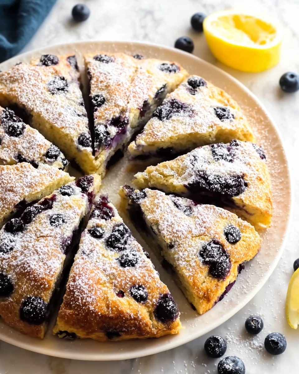 The image shows a round baked blueberry scone sliced into six pieces, placed on a white plate. The scone has a golden-brown crust with a slightly rough texture on top and scattered whole blueberries baked into the upper layer, shining dark blue and bursting with juice. Light dusting of powdered sugar covers the surface, adding a soft white contrast on the warm brown and blue colors. The slices reveal a soft, dense inside with visible blueberries embedded throughout. The scene is set on a light white marbled surface with a yellow lemon slice and some loose blueberries scattered nearby, adding freshness and color. photo taken with an iphone --ar 4:5 --v 7