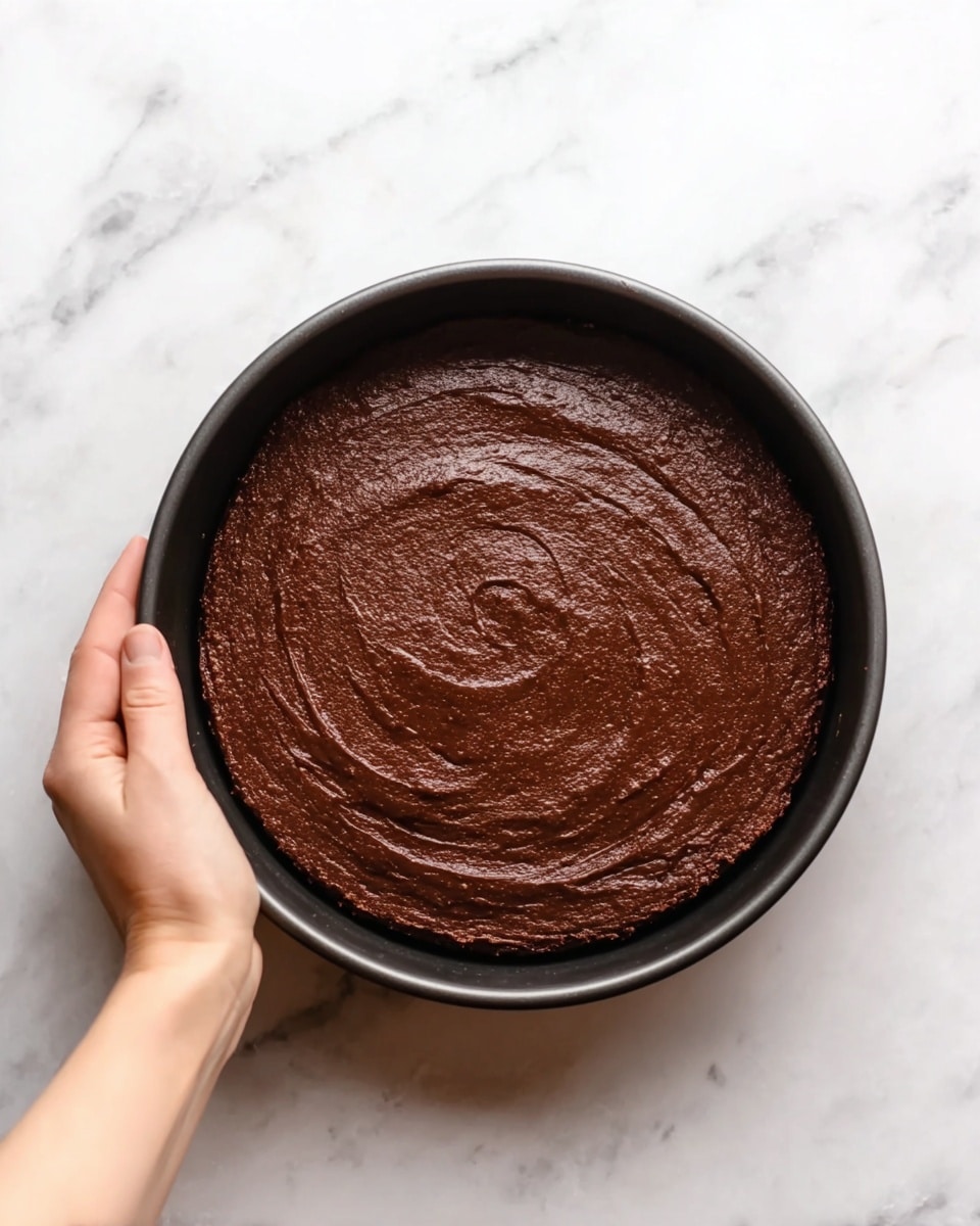 A round dark brown chocolate cake batter layer fills the bottom of a black baking pan, with a smooth but slightly textured surface. The pan is held by a woman's hand at the bottom left, showing just the fingers and part of the palm. The pan sits on a white marbled surface, which forms the background of the image. The batter is evenly spread to the edges of the pan, with some gentle swirls visible on top. photo taken with an iphone --ar 4:5 --v 7