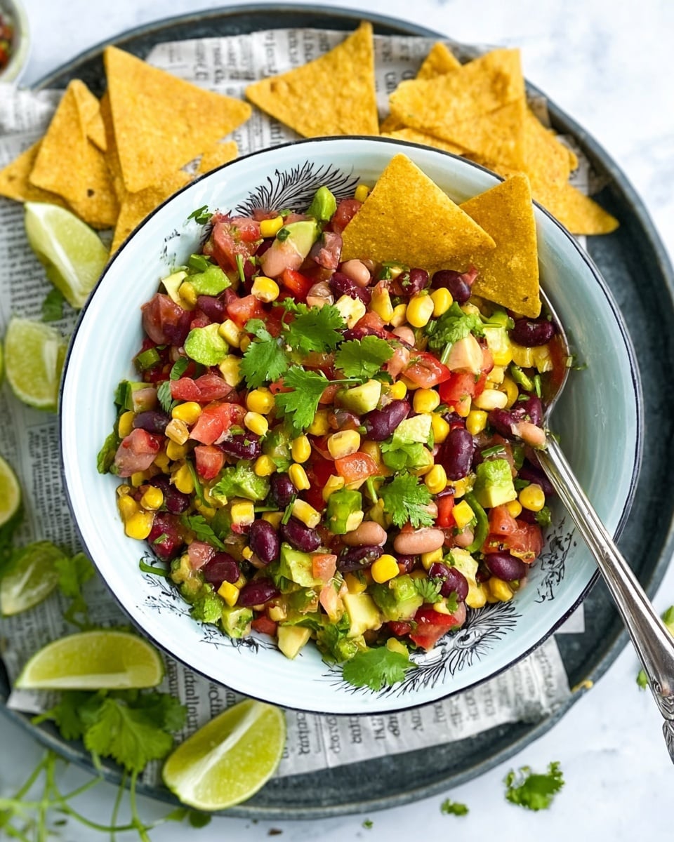 A close-up view of a fresh salad in a white bowl with a light blue rim and a delicate dark pattern near the edge, filled with a colorful mix of layered ingredients: yellow corn, red kidney beans, black-eyed peas, diced green bell peppers, tomato chunks, avocado pieces, and green cilantro leaves scattered evenly on top, showing a fresh and vibrant texture; the bowl rests on crumpled newspaper inside a dark round serving tray, with three triangular yellow corn chips placed near the top edge of the tray and a fork and spoon crossed inside the bowl on the right side; some lime wedges and additional cilantro sprigs lie nearby on the white marbled surface photo taken with an iphone --ar 4:5 --v 7