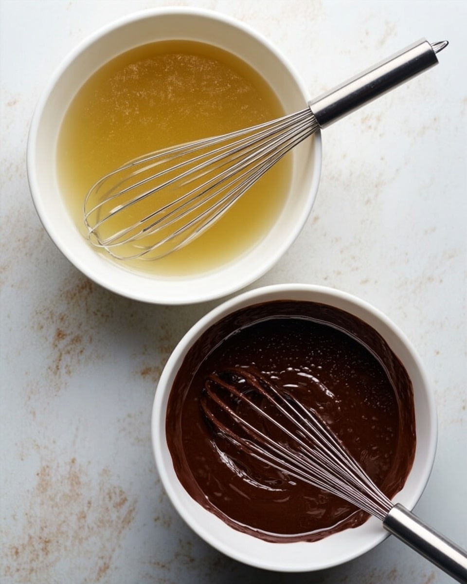 The image shows two white bowls placed side by side on a white marbled surface. The left bowl contains a light yellowish, clear liquid with a metal whisk resting inside. The right bowl holds a thick, dark brown chocolate batter with the same metal whisk coated in the mixture. The smooth texture of the chocolate contrasts with the translucent liquid in the other bowl. Photo taken with an iphone --ar 4:5 --v 7