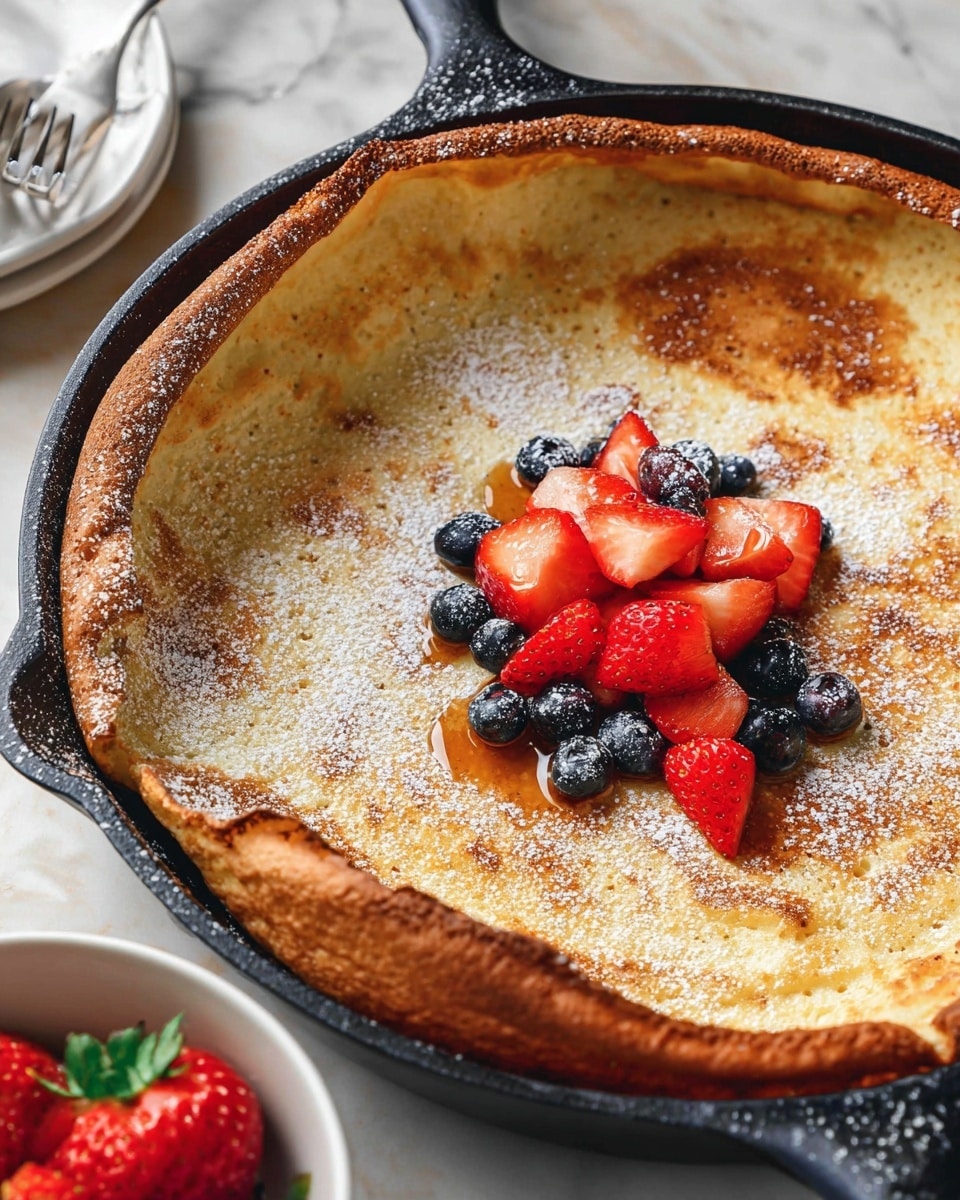 A large, golden-brown Dutch baby pancake with slightly puffed edges sits in a black cast iron pan. On top, there is a small pile of sliced red strawberries and whole dark blueberries near the center-left, with a light drizzle of syrup around the fruit. A small dusting of powdered sugar is sprinkled across the pancake, giving it a soft white texture in places. The pan rests on a white marbled surface with part of a white bowl containing whole strawberries visible in the bottom left corner. Photo taken with an iphone --ar 4:5 --v 7