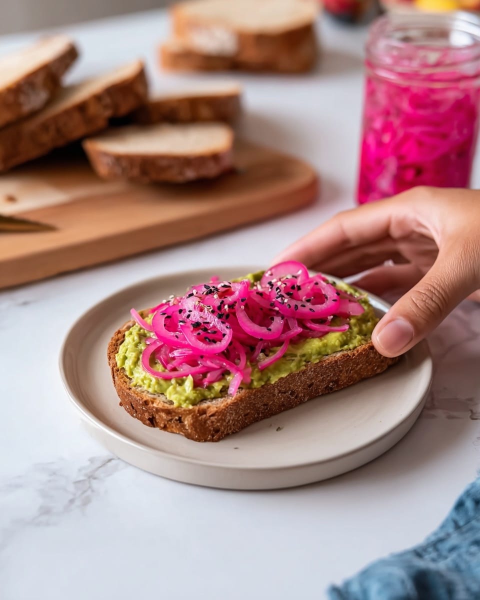 A piece of toasted brown bread sits in the center of a white plate, topped with a thick layer of green avocado spread followed by bright pink pickled onion slices arranged in loose curls, sprinkled with small black sesame seeds. In the background, more slices of bread rest on a wooden cutting board, and a jar filled with more pickled onions or a pink liquid stands nearby. A woman's hand is gently holding the toast on the plate, and the scene is set on a white marbled surface. Photo taken with an iphone --ar 4:5 --v 7