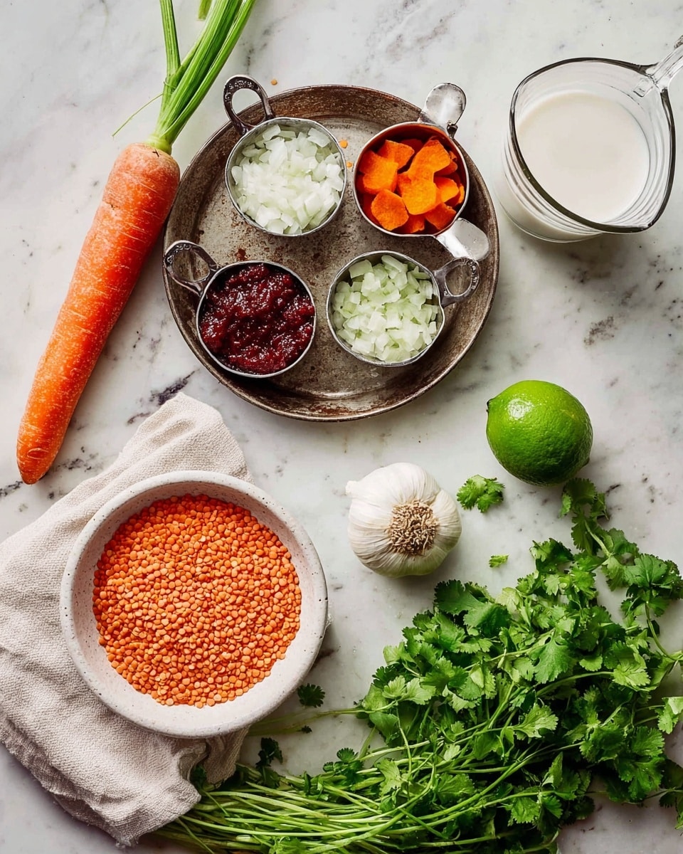 The image shows several cooking ingredients arranged on a white marbled surface. There is one whole carrot with green tops on the left side, resting on a light cloth. A small white bowl in the lower center holds red lentils. Above it, a rustic metal pan contains three metal measuring cups filled with chopped white onion, sliced orange carrots, and a deep red paste. A whole garlic bulb and a lime sit next to the measuring cups inside the pan. To the right, there is a bunch of fresh green cilantro with stems spread out. In the bottom right corner, a clear glass jug contains a white liquid. Photo taken with an iphone --ar 4:5 --v 7