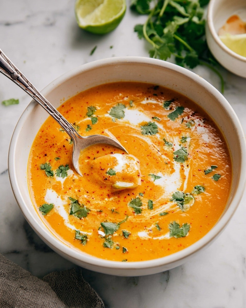 A white bowl filled with creamy orange soup with visible small chunks of vegetables, topped with swirls of white cream and scattered green cilantro leaves. A silver spoon rests inside the bowl, holding a piece of vegetable and some soup. In the background, fresh cilantro and a halved lime are slightly blurred on a white marbled surface. Photo taken with an iphone --ar 4:5 --v 7