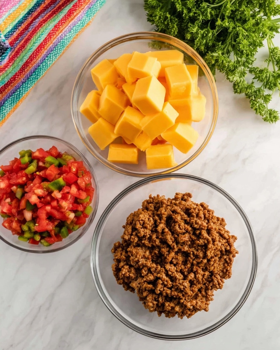 The image shows three clear glass bowls placed on a white marbled surface. The largest bowl at the bottom center holds a single layer of cooked, brown ground meat with a crumbly texture. Above to the left is a medium-sized bowl filled with a single layer of yellow cheese cubes with smooth surfaces and sharp edges. To the right is a smaller bowl containing a single layer of chopped tomatoes mixed with green peppers, showing a mix of red and green colors with a soft, moist texture. A colorful striped cloth and fresh green parsley are placed in the background. Photo taken with an iphone --ar 4:5 --v 7