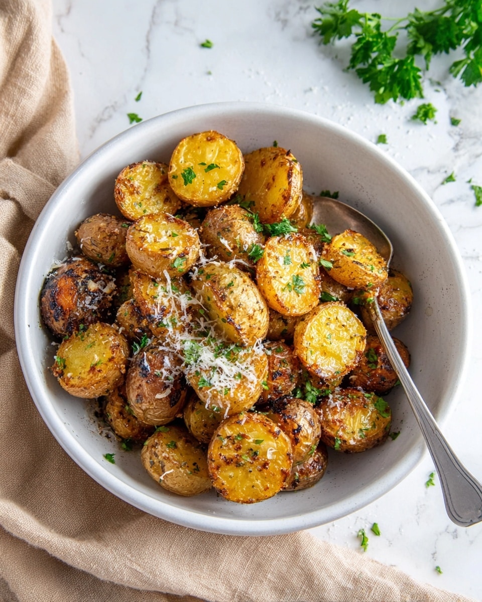 The dish shows a white bowl filled with about two layers of small roasted potatoes, each potato cut in half. The potatoes have a golden-brown crispy surface with some light charring and are sprinkled with finely grated cheese and small green parsley leaves on top. Some potatoes show the textured brown skin, while others display the bright yellow interior. A silver spoon rests inside the bowl on the right side. The bowl is placed on a white marbled surface with a beige cloth draped in the background and a few parsley leaves scattered nearby. Photo taken with an iphone --ar 4:5 --v 7