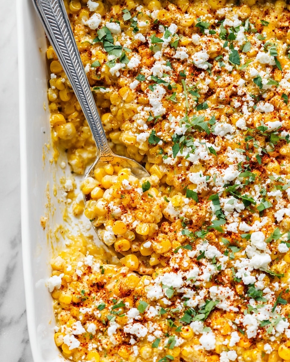 A white rectangular dish filled with three main layers: the bottom layer is creamy yellow corn kernels, the middle layer shows soft melted cheese mixing with the corn, and the top layer is sprinkled with white crumbly cheese, green chopped herbs, and red-orange spices scattered unevenly across the surface. A silver spoon with a patterned handle is scooping into the corn mixture at the lower center, revealing the creamy inside. The background is a white marbled texture. Photo taken with an iphone --ar 4:5 --v 7