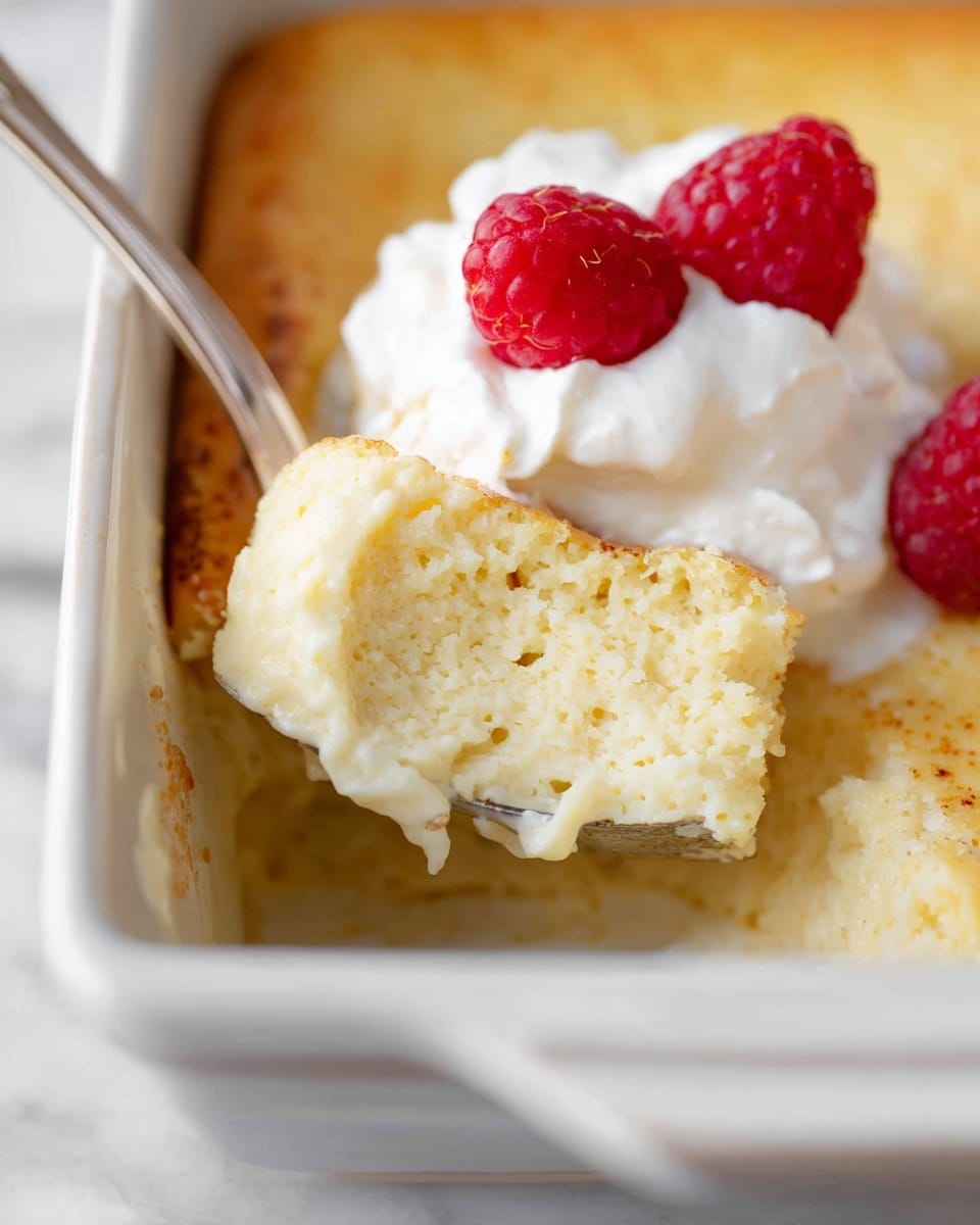 A close-up of a white rectangular baking dish filled with a soft, slightly browned baked pudding with a smooth, creamy texture on top and a spongy, light yellow interior. A spoon scoops a portion from the dish, showing the moist inside. The spoon holds some white whipped cream and two bright red raspberries on top. The dish rests on a white marbled surface. Photo taken with an iphone --ar 4:5 --v 7