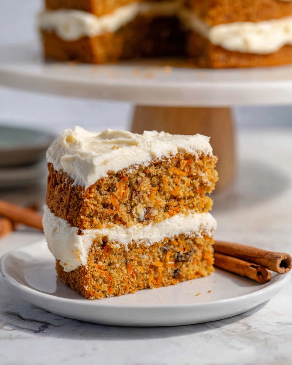 A slice of two-layer carrot cake sits on a white plate with a white marbled texture. The bottom layer is a moist, golden brown carrot cake with visible small pieces of carrot and nuts, showing a textured crumb. Above it is a thick layer of creamy, white frosting that looks smooth and soft. The top layer is another thick cake part similar to the bottom one, followed by a generous thick white frosting layer on top with a slightly whipped, fluffy texture. Near the plate, two cinnamon sticks lie on a white marbled surface. In the background, part of the full cake with matching layers sits on a white marble cake stand. Photo taken with an iphone --ar 4:5 --v 7