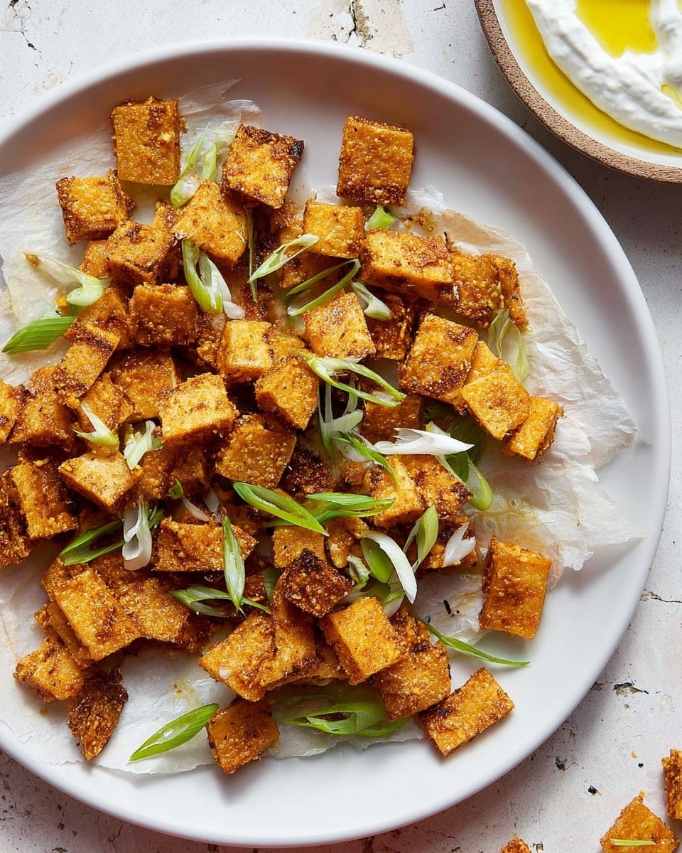 The image shows several crispy, golden-brown cubes with a crunchy texture, piled together on light beige parchment paper placed on a white marbled surface. Bright green slices of scallions, with a fresh and slightly shiny appearance, are scattered among the cubes, adding color contrast. The cubes have a rough, seasoned coating with dark spots indicating a well-cooked surface. The focus is close-up, capturing the textures and colors in detail. photo taken with an iphone --ar 4:5 --v 7