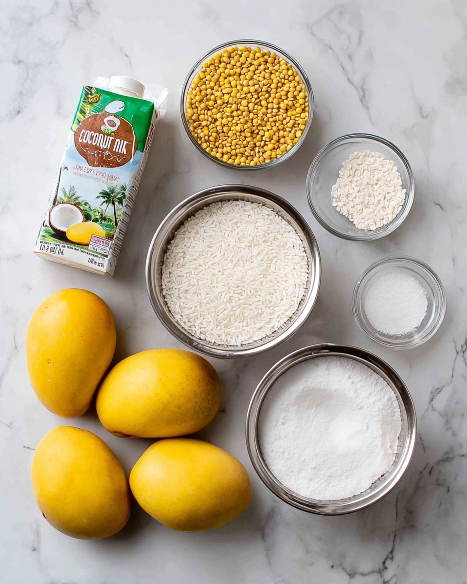 The image shows a collection of ingredients arranged neatly on a white marbled surface. On the left side, there are four bright yellow mangoes placed in a group. Next to them, there is a small green carton of coconut milk with a picture of a coconut on it. Above the mangoes and the coconut milk, there are two medium-sized metal bowls; the left bowl is filled with white rice, and the right bowl contains a large amount of white granulated sugar. To the top right of the sugar bowl, there is a small glass bowl filled with yellow split peas, and beside it another small glass bowl holds a white powdery ingredient, likely salt. A small white bowl containing another white powder, probably baking powder, is placed between the glass bowls and the sugar bowl. All items are set on a white marbled background for a clean look. Photo taken with an iphone --ar 4:5 --v 7