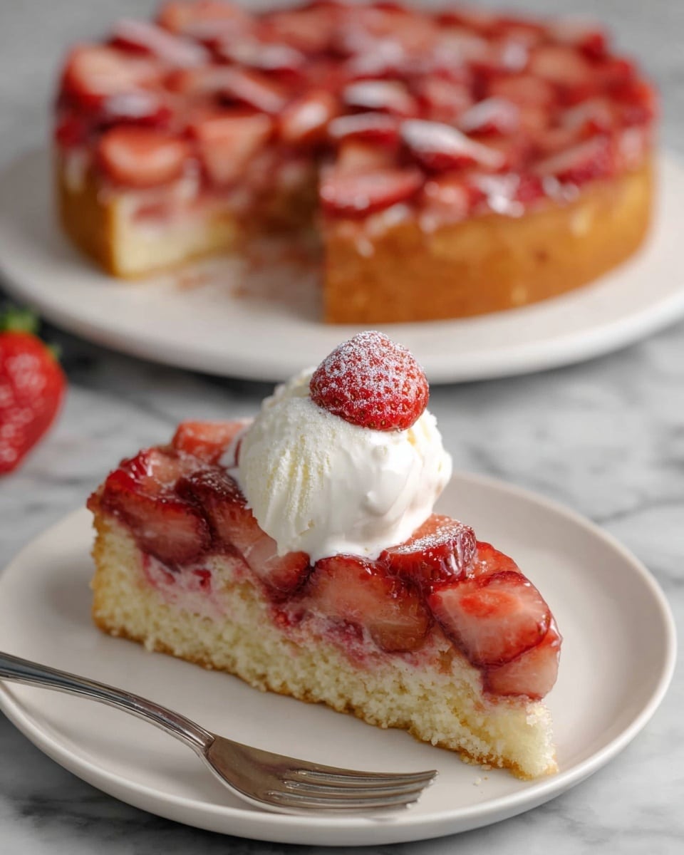 A round upside-down cake with a top layer of vibrant reddish-pink rhubarb slices arranged in neat, overlapping circles, showing a glossy, caramelized texture; the cake sits on a simple white plate on a white marbled surface, with a silver spatula placed next to the plate at the bottom right. In the background, there are two white bowls, one containing white dollops of cream and the other with a large scoop of vanilla ice cream, and some rhubarb pieces and strawberry slices scattered nearby. Photo taken with an iphone --ar 4:5 --v 7