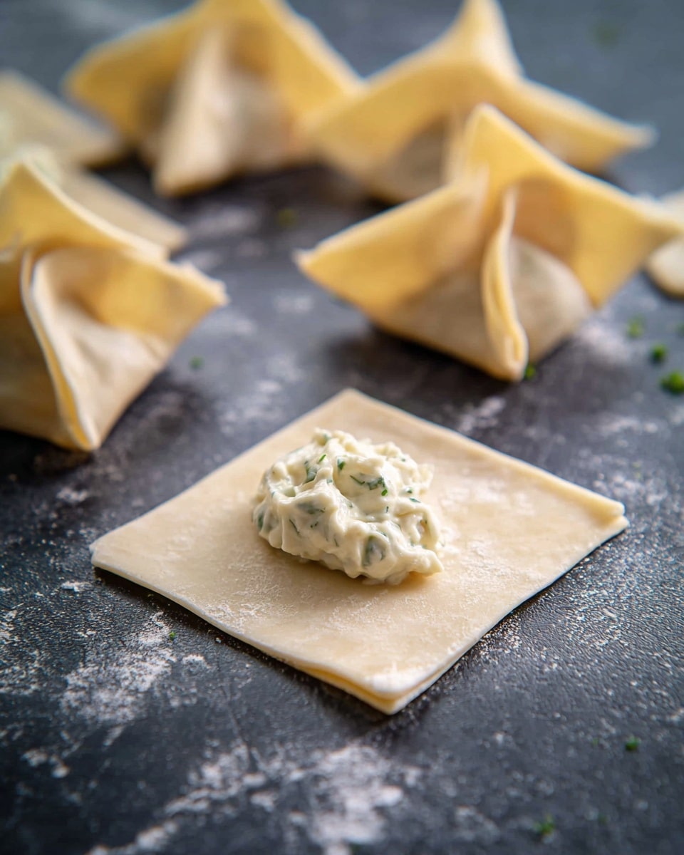 The image shows square sheets of thin, translucent dough placed on a dark surface with a white marbled texture, each topped at the center with a small dollop of creamy white filling mixed with green herbs. In the background, several of the dough squares are folded into triangular shapes, creating small pouches with crisp, sharp folds and soft, light beige color. The focus is on the front dough square, clearly showing the texture of the dough and the creamy filling’s slight lumps and herb pieces. The overall look is fresh and delicate, with a soft contrast between the pale dough and white filling, and the dark white marbled textured surface beneath. photo taken with an iphone --ar 4:5 --v 7