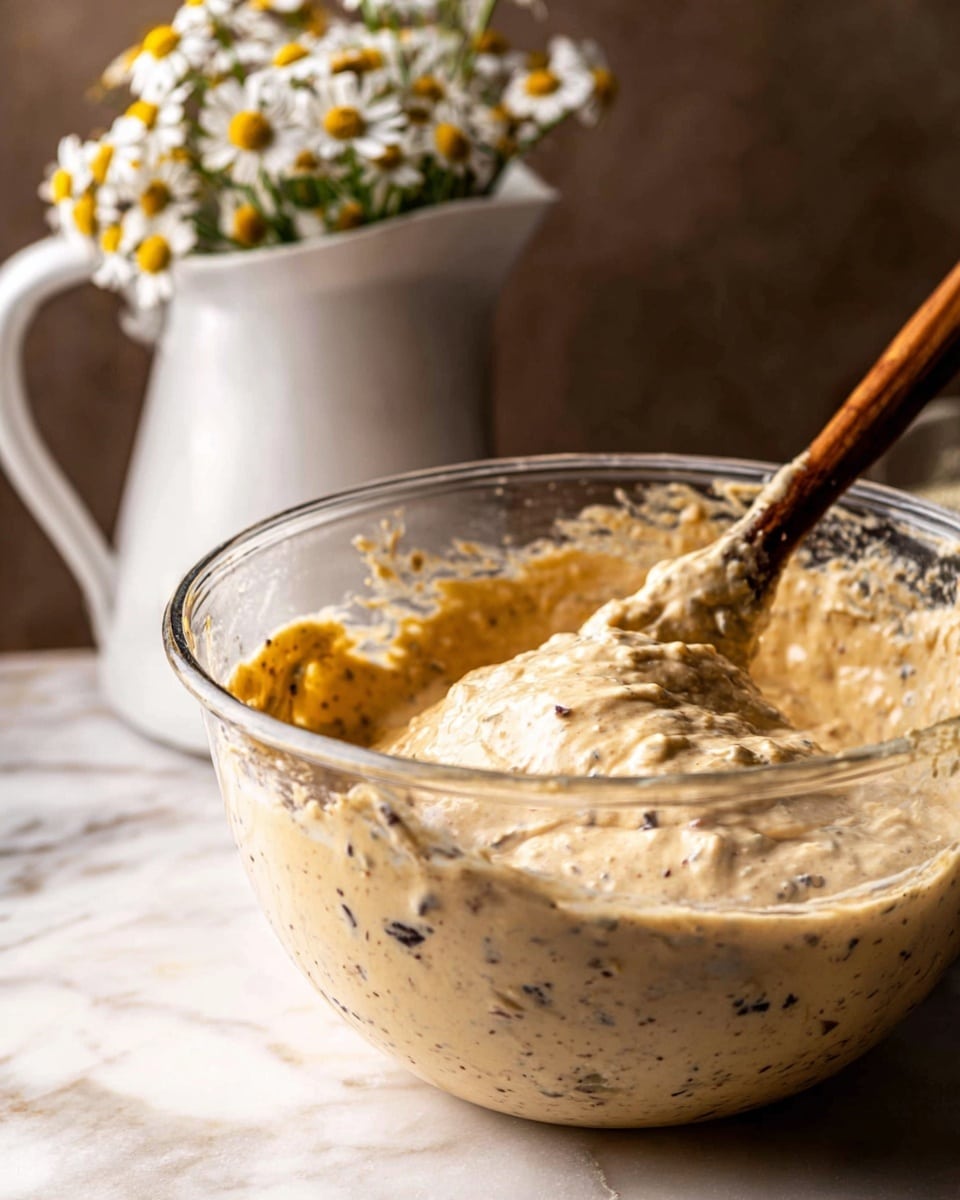 A clear glass bowl filled with a creamy, thick batter that is light beige with dark specks and small chunks throughout, showing a rich and textured appearance. A wooden spoon is partly immersed on the right side of the bowl, coated with the batter. The bowl sits on a white marbled surface, and in the blurred background, a white ceramic pitcher holds a bunch of small white daisies with yellow centers. The scene is softly lit, enhancing the batter’s creamy texture and the glass bowl’s transparency. Photo taken with an iphone --ar 4:5 --v 7
