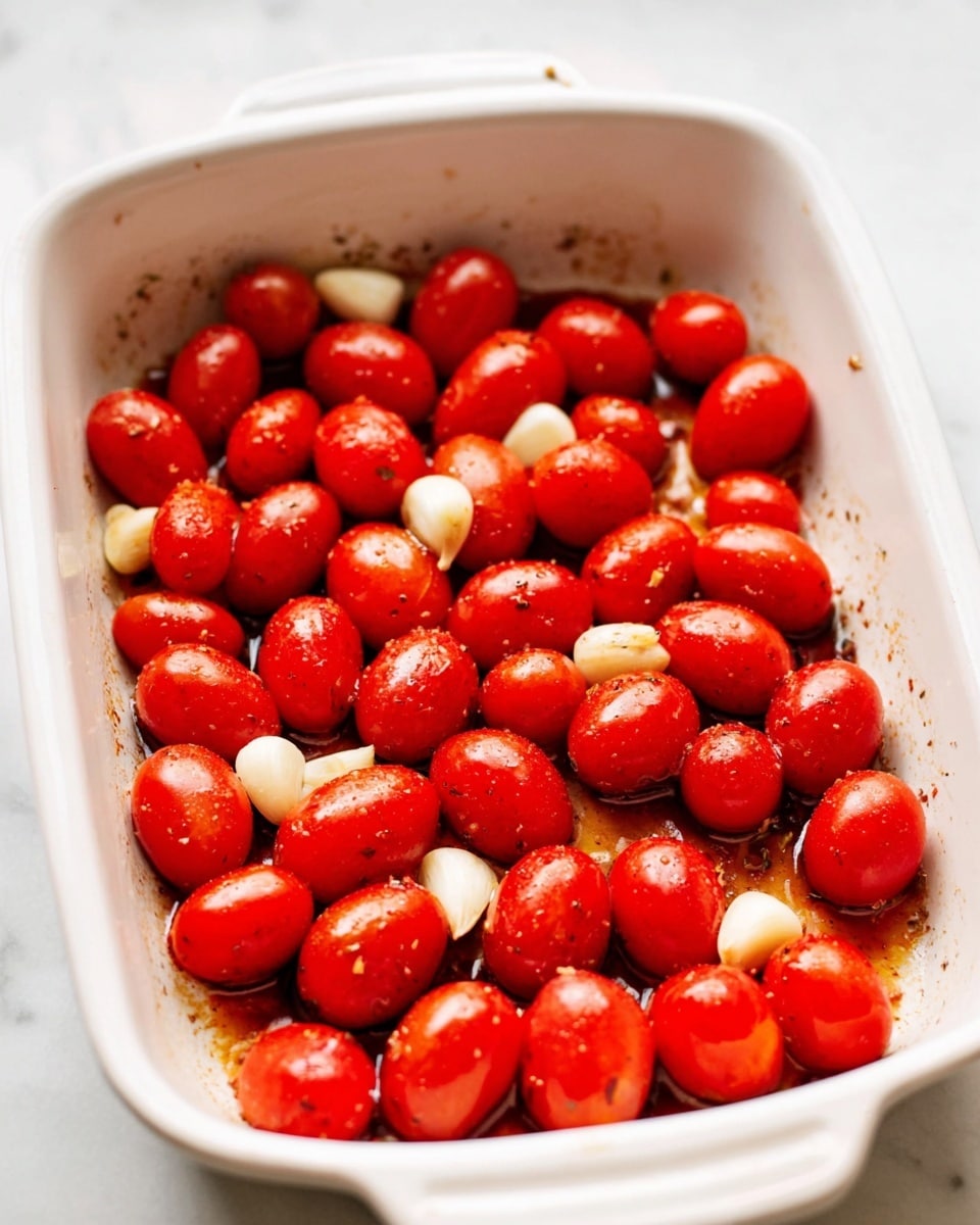A white baking dish filled with a single layer of shiny, bright red cherry tomatoes scattered evenly and mixed with a few whole garlic cloves. The tomatoes appear fresh and slightly oily with seasoning visible on their surfaces and small pools of dark, roasted liquid collecting at the bottom. The white marbled surface beneath the dish adds a clean and bright background. photo taken with an iphone --ar 4:5 --v 7