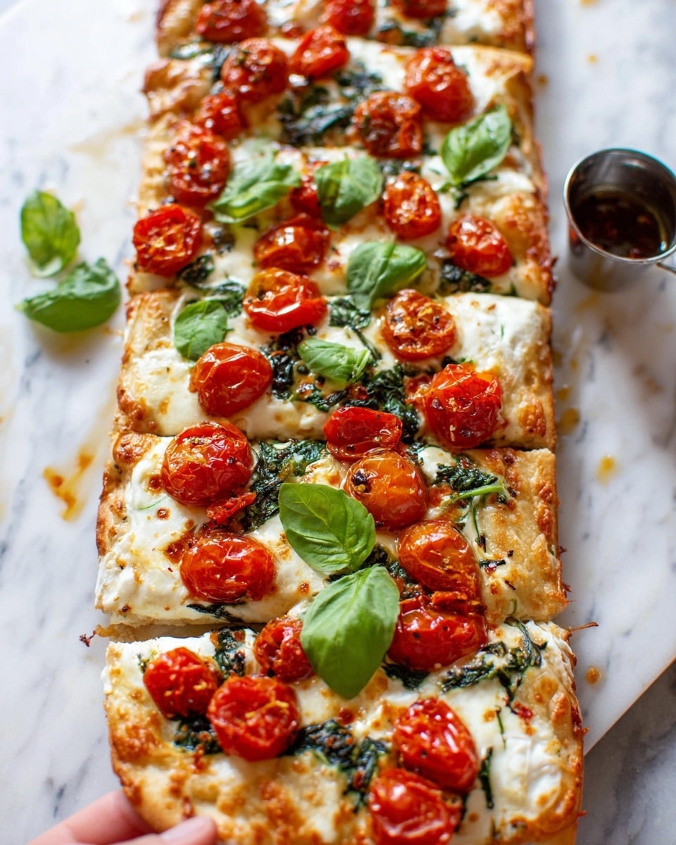 A long rectangular pizza with a golden brown crust forms the base layer, topped evenly with melted white cheese. The second layer consists of roasted bright red cherry tomatoes, some slightly blistered, scattered over the cheese. Dark green wilted spinach leaves are spread in between the tomatoes, adding texture. Fresh light green basil leaves are placed on top, adding a fresh look. The pizza is sliced into rectangles, placed on a white marbled surface with a small metal container of sauce on the side and a woman's hand holding the pizza at the bottom. photo taken with an iphone --ar 4:5 --v 7