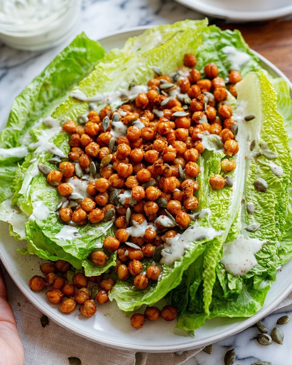 A white plate with a layer of fresh bright green Romaine lettuce leaves forms the base. On top of the lettuce, there is a thick layer of small roasted chickpeas, golden brown and slightly crispy. A light creamy dressing is drizzled unevenly over the lettuce and chickpeas, with some sunflower seeds scattered across the salad. The plate sits on a white marbled surface, and a woman's hand is partly visible in the upper left corner holding the plate. Photo taken with an iphone --ar 4:5 --v 7
