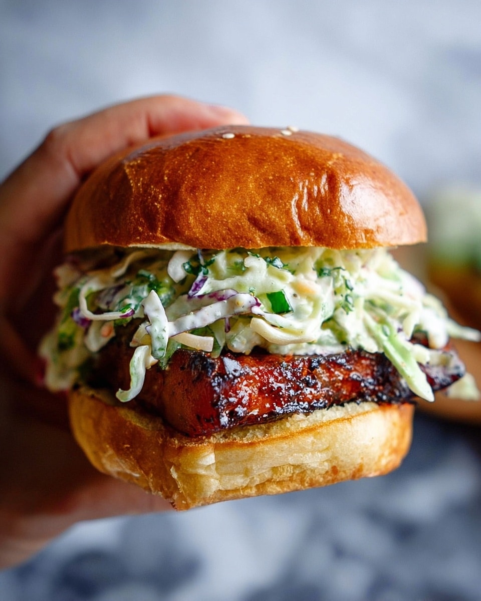 A close-up of a small sandwich held by a woman's hand, showing four main layers. The top layer is a shiny, golden brown bun with a few sesame seeds. Under it, there is a thick layer of creamy coleslaw with green and purple shredded vegetables. Below the coleslaw, a dark reddish-brown grilled piece of protein is visible, glazed with a shiny sauce. The bottom layer is a toasted light golden bun. The background is a white marbled texture, blurred out, making the sandwich the main focus. Photo taken with an iphone --ar 4:5 --v 7