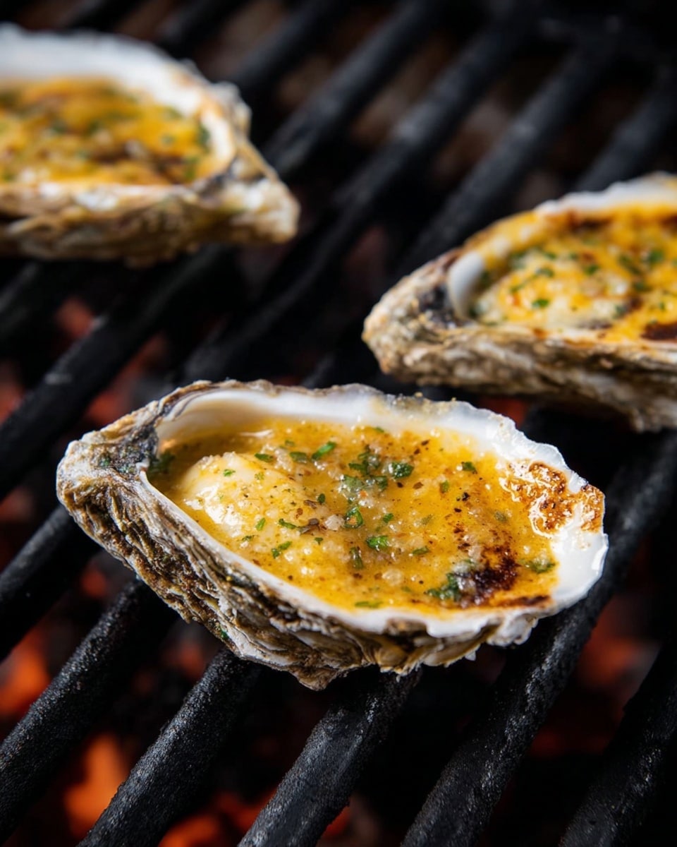 The image shows three grilled oysters on the black grill bars with rough textured shells. Each oyster has a creamy golden-yellow cooked topping with some sprinkled green herbs and small browned spots. The oysters' shells are off-white and slightly rough, sitting directly on the grill. The background is dark from the grill bars with a close-up focus on the oysters' glossy sauce and herbs. photo taken with an iphone --ar 4:5 --v 7